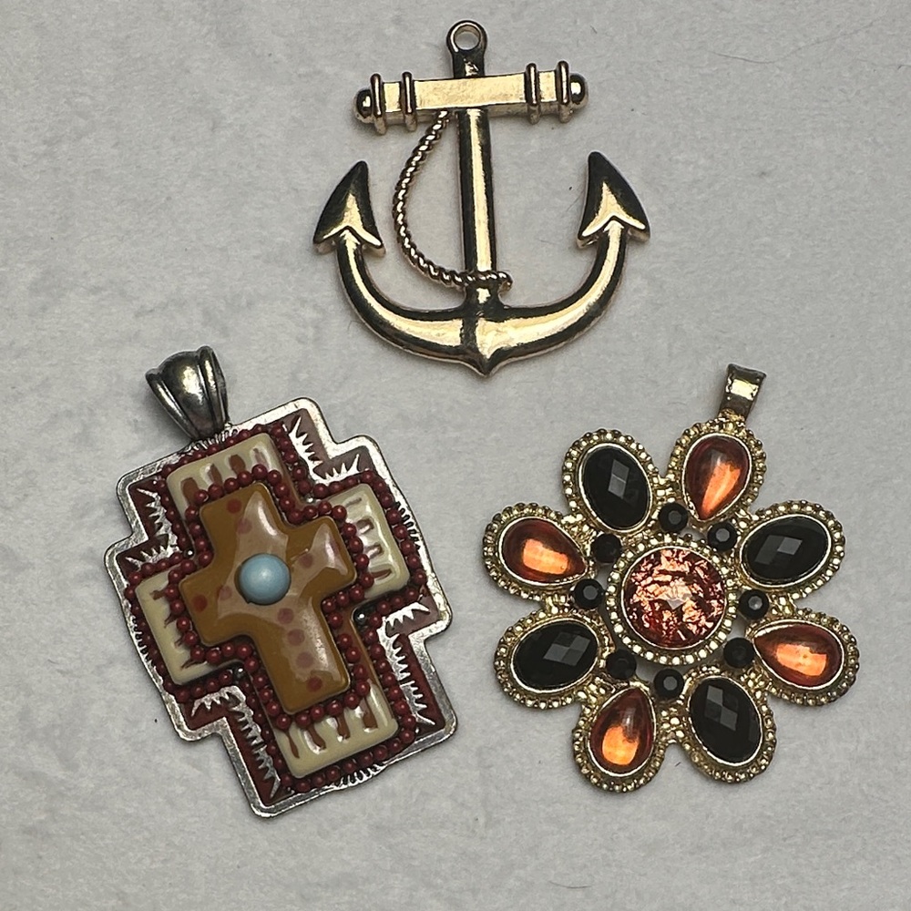 Set of 3 Pendants; Boho Cross, Orange and Black and Gold plated Anchor